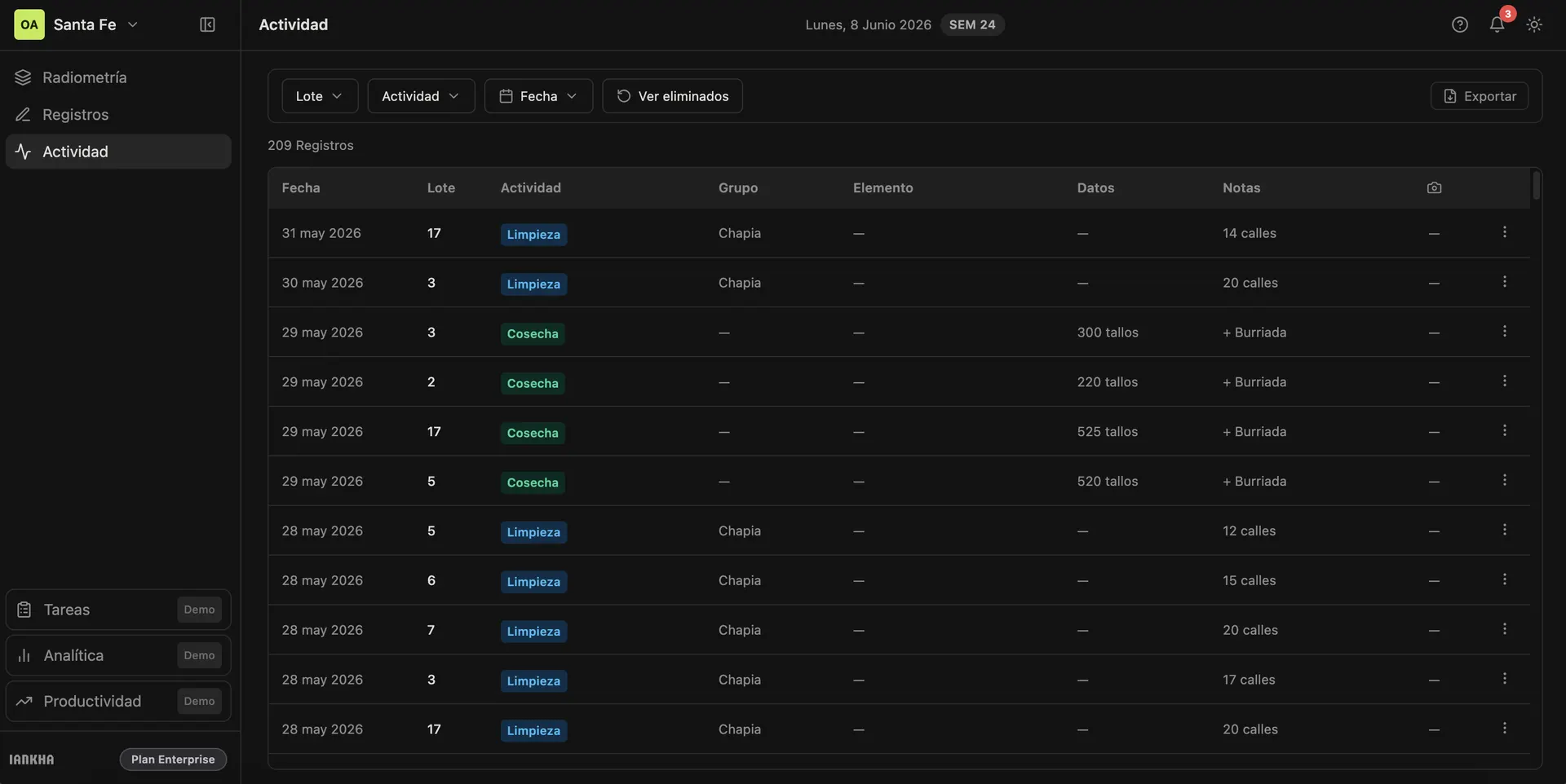 Activity feed — field records filterable by date, plot, and activity type