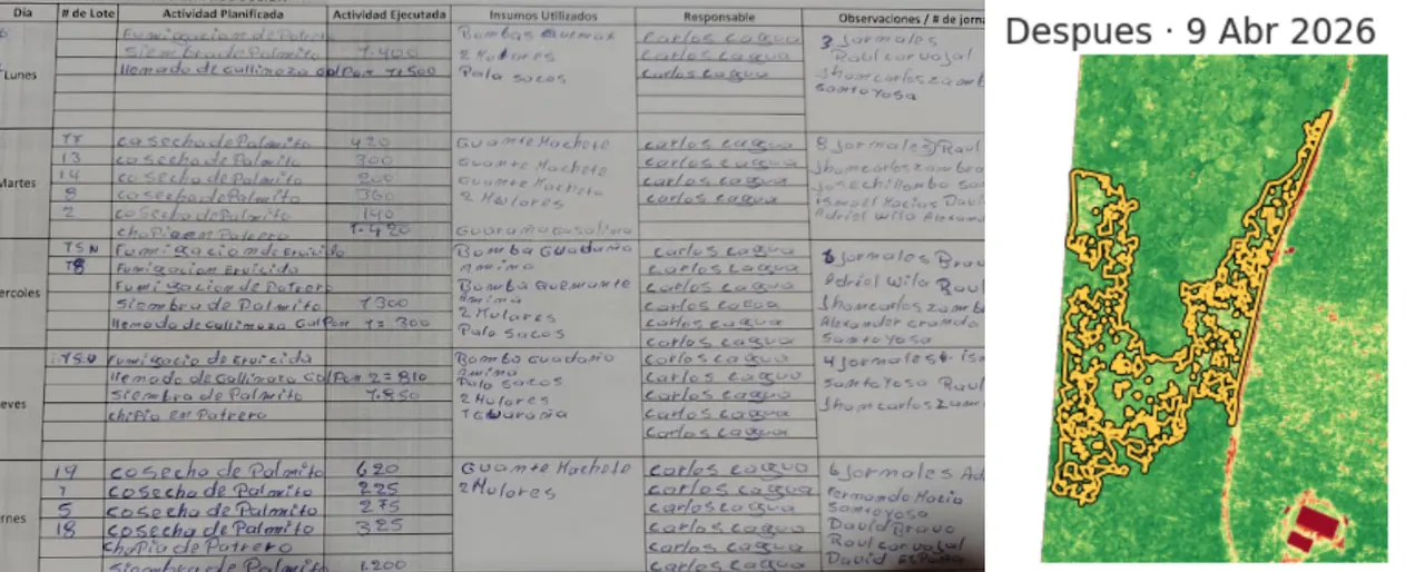 Handwritten paper field record alongside an NDVI heatmap of a farm plot