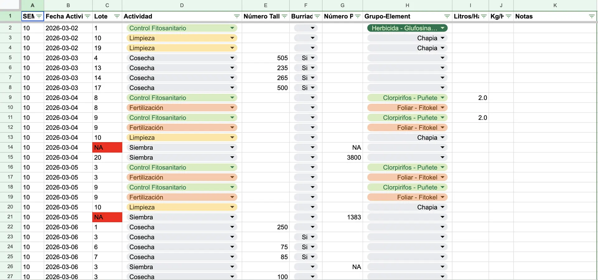 First version of field records transcribed to a spreadsheet