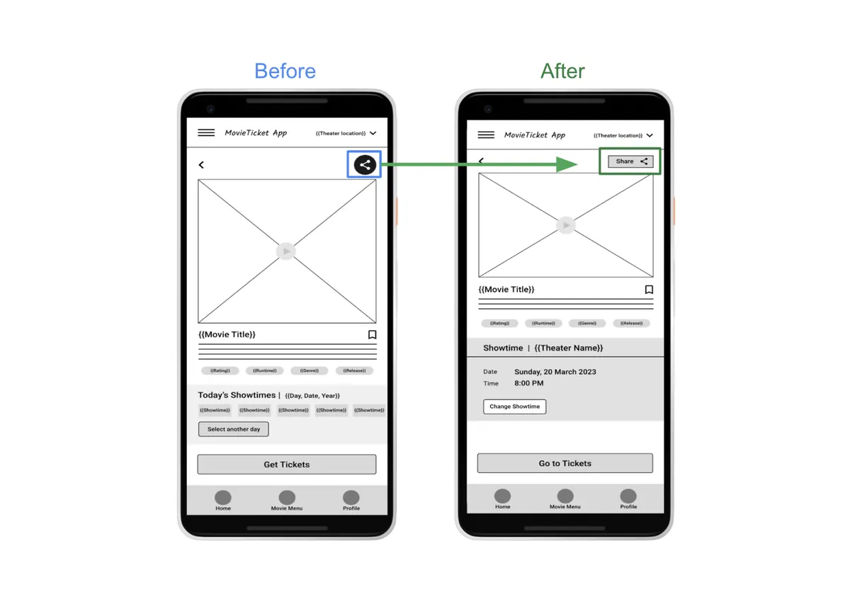 Before and after lo-fidelity sharing button redesign