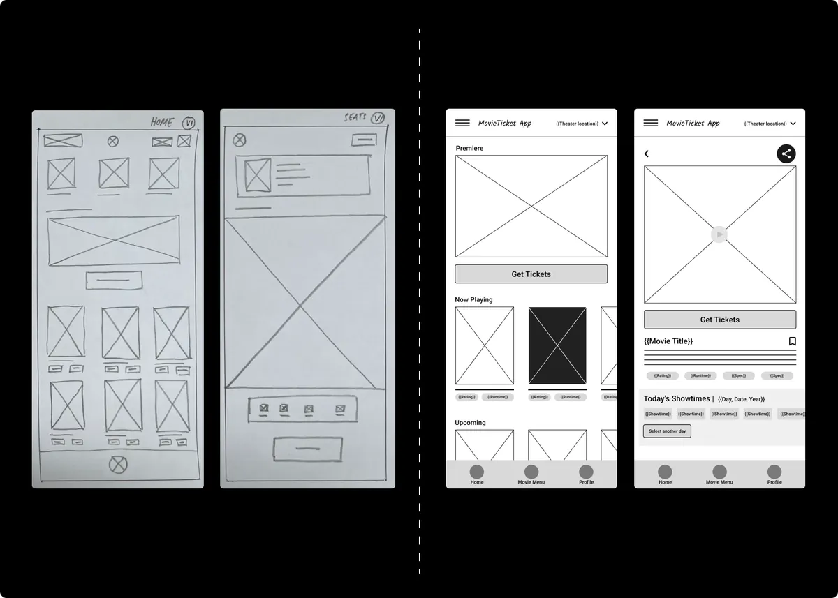 Paper wireframes and digital wireframes side by side