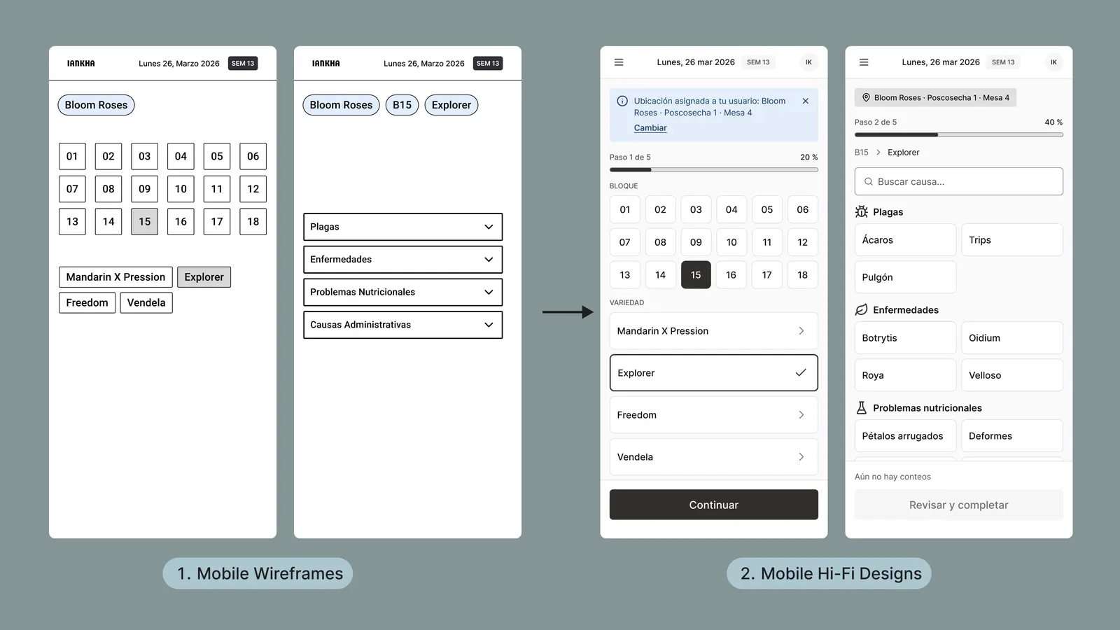 Mobile wireframes beside the high-fidelity designs built on the same structure