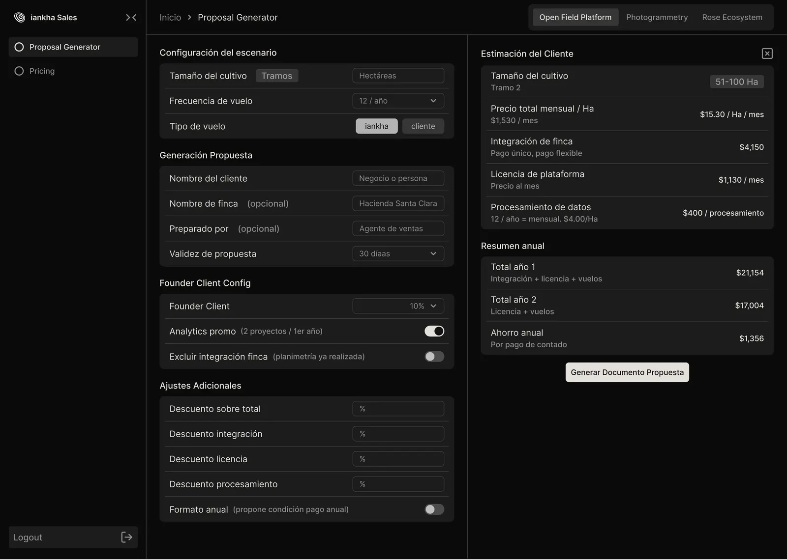 Two-panel interface design: scenario and discount controls on the left, live client estimate and annual summary on the right