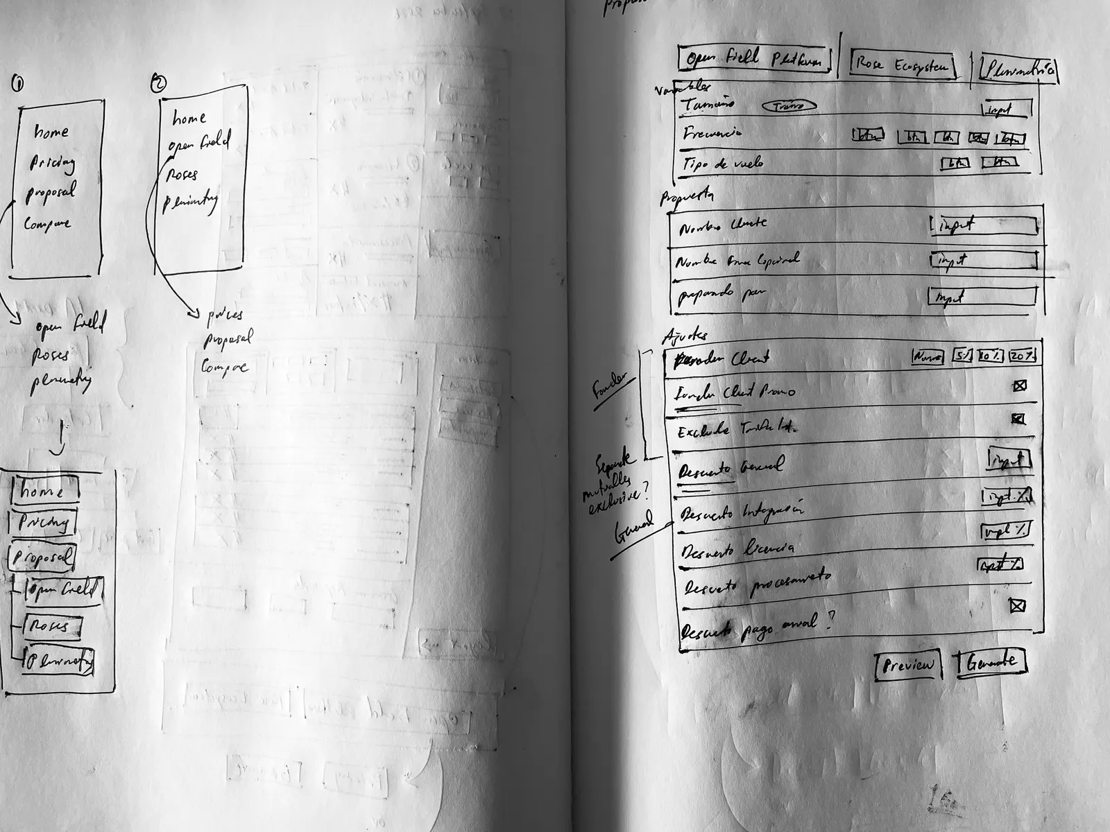 Notebook sketches: two alternative sidebar structures on the left page, and a form layout with product tabs and discount toggles on the right