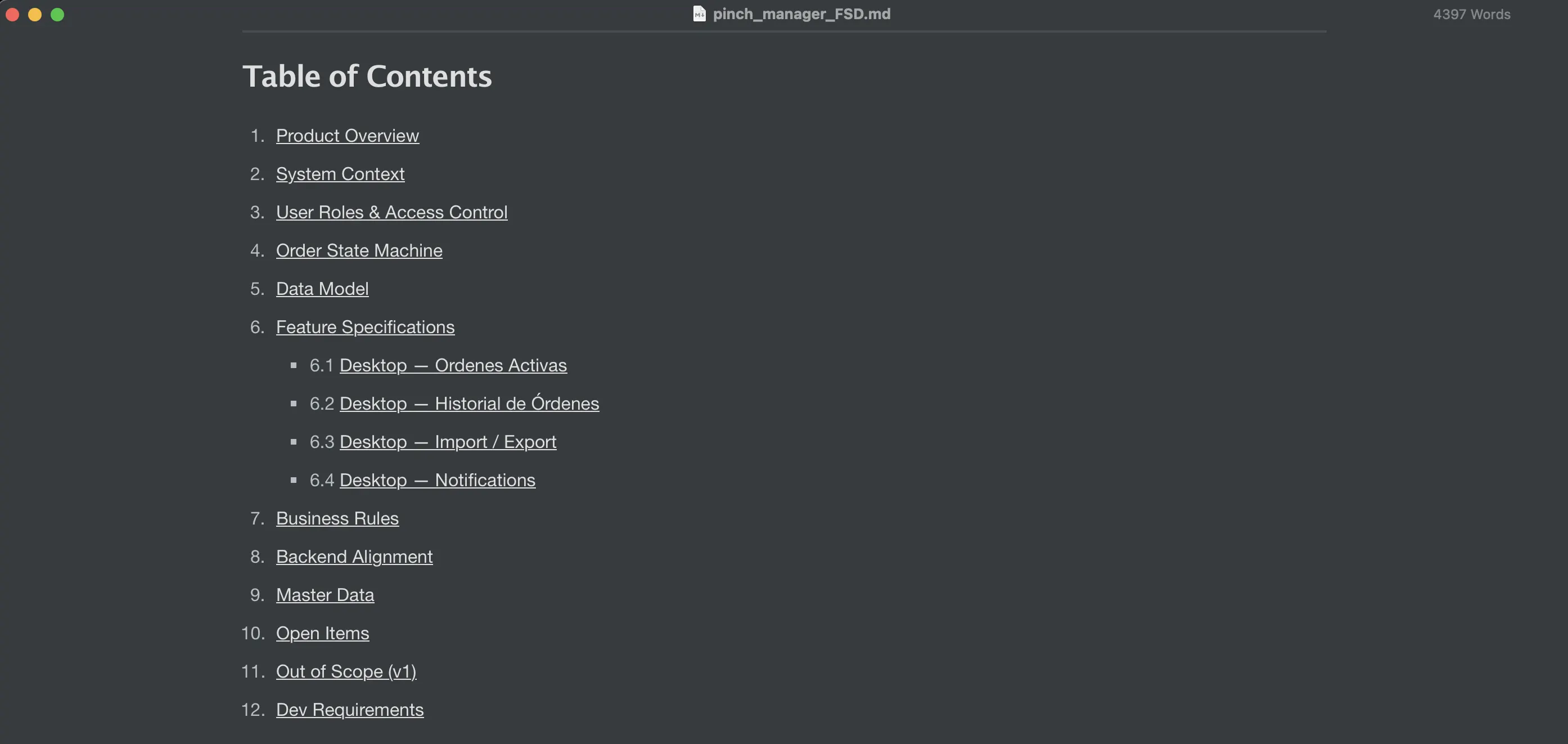 Functional Specification Document — user roles, order states, and data model