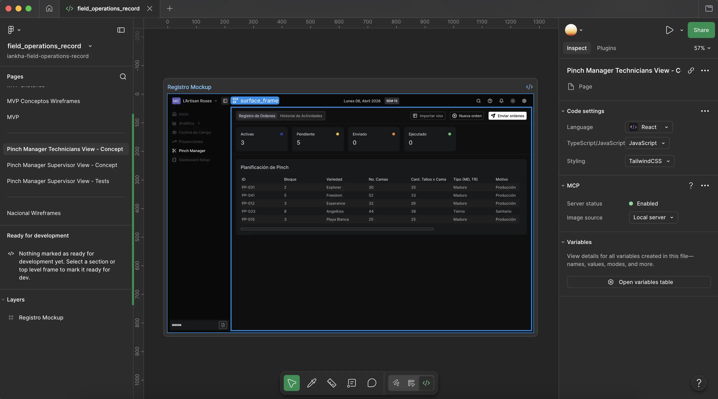 Pinch Manager office technician view — hi-fidelity Figma screen